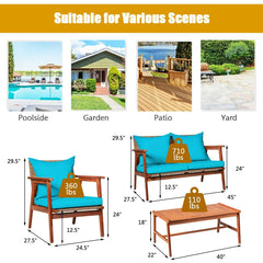 4 Piece Acacia Wood and Rattan Patio Furniture Set, 45 in Loveseat, 2 Chairs and 40 in Slatted Coffee Table, Turquoise Cushions