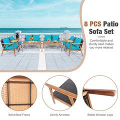 4 Piece Acacia Wood and Rattan Patio Furniture Set, 45 in Loveseat, 2 Chairs and 40 in Slatted Coffee Table, Turquoise Cushions