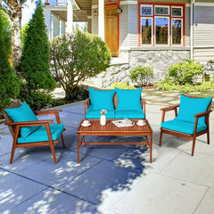 4 Piece Acacia Wood and Rattan Patio Furniture Set, 45 in Loveseat, 2 Chairs and 40 in Slatted Coffee Table, Turquoise Cushions