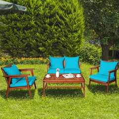 4 Piece Acacia Wood and Rattan Patio Furniture Set, 45 in Loveseat, 2 Chairs and 40 in Slatted Coffee Table, Turquoise Cushions