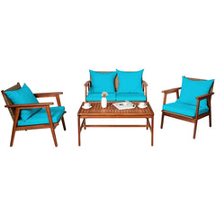 4 Piece Acacia Wood and Rattan Patio Furniture Set, 45 in Loveseat, 2 Chairs and 40 in Slatted Coffee Table, Turquoise Cushions