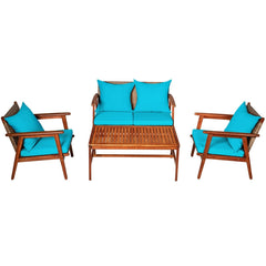 4 Piece Acacia Wood and Rattan Patio Furniture Set, 45 in Loveseat, 2 Chairs and 40 in Slatted Coffee Table, Turquoise Cushions