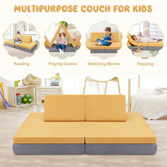 4 Pieces Convertible Kids Couch Set with 2 Folding Mats-Yellow
