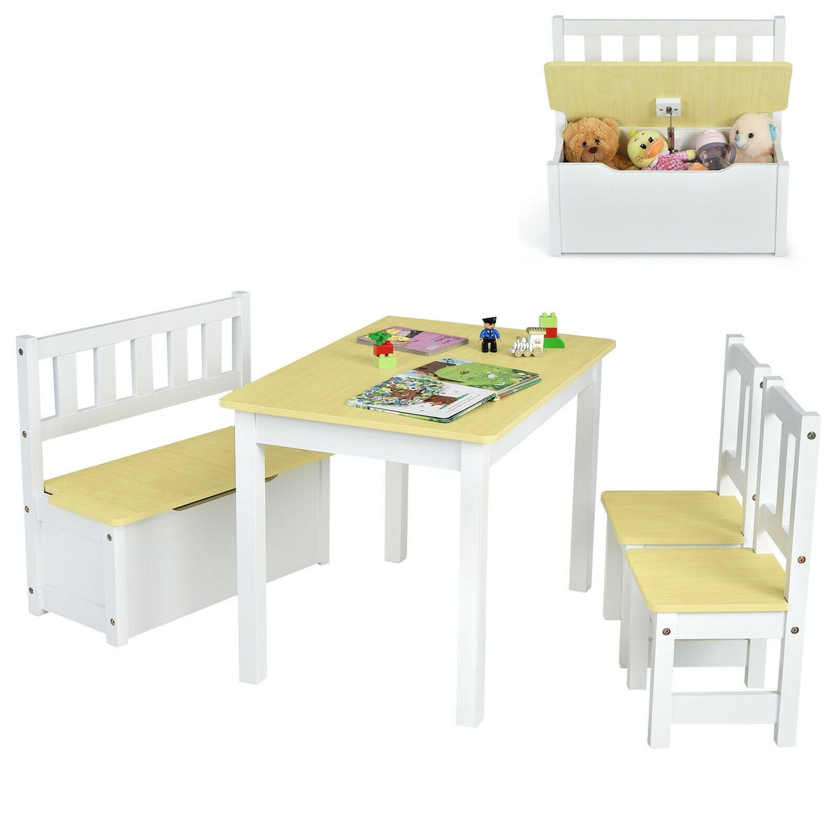 4 Piece Kids Table, 2 Chair and Storage Bench Set, Natural and White