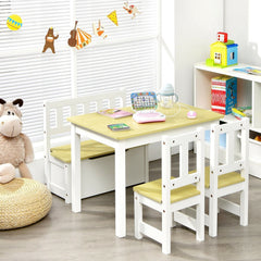 4 Piece Kids Table, 2 Chair and Storage Bench Set, Natural and White