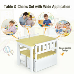 4 Piece Kids Table, 2 Chair and Storage Bench Set, Natural and White
