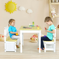 4 Piece Kids Table, 2 Chair and Storage Bench Set, Natural and White