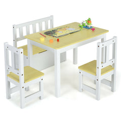 4 Piece Kids Table, 2 Chair and Storage Bench Set, Natural and White