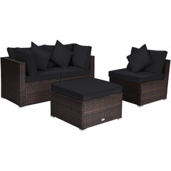 4 Piece Rattan Outdoor Sectional Set, Corner Sofas, Armless Seat and Convertible Ottoman, Black Cushions