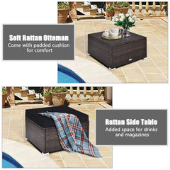 4 Piece Rattan Outdoor Sectional Set, Corner Sofas, Armless Seat and Convertible Ottoman, Black Cushions