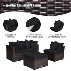 4 Piece Rattan Outdoor Sectional Set, Corner Sofas, Armless Seat and Convertible Ottoman, Black Cushions