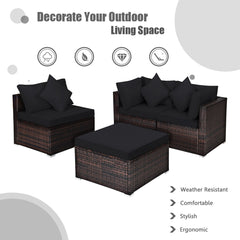 4 Piece Rattan Outdoor Sectional Set, Corner Sofas, Armless Seat and Convertible Ottoman, Black Cushions
