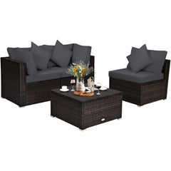 4 Piece Outdoor Wicker Sectional Set, 2 Corners, Armless Seat and 2 in 1 Ottoman, Charcoal Grey Cushions