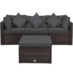 4 Piece Outdoor Wicker Sectional Set, 2 Corners, Armless Seat and 2 in 1 Ottoman, Charcoal Grey Cushions