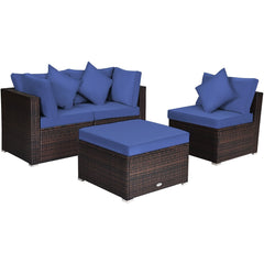 4 Piece Patio Rattan Sofa Set, Two Corner Seats, Armless Middle and Ottoman Side Table, Navy Cushions