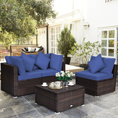 4 Piece Patio Rattan Sofa Set, Two Corner Seats, Armless Middle and Ottoman Side Table, Navy Cushions