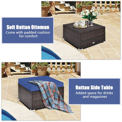 4 Piece Patio Rattan Sofa Set, Two Corner Seats, Armless Middle and Ottoman Side Table, Navy Cushions