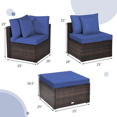 4 Piece Patio Rattan Sofa Set, Two Corner Seats, Armless Middle and Ottoman Side Table, Navy Cushions