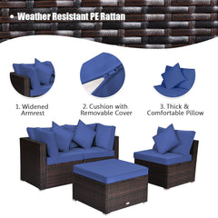4 Piece Patio Rattan Sofa Set, Two Corner Seats, Armless Middle and Ottoman Side Table, Navy Cushions
