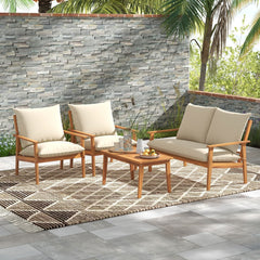 4 Piece Acacia Wood Patio Conversation Set, Loveseat Rated 800 lb, 2 Chairs Rated 400 lb with 5.3 in Beige Cushions and a Slatted Table