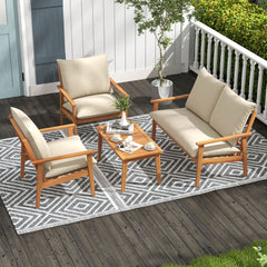 4 Piece Acacia Wood Patio Conversation Set, Loveseat Rated 800 lb, 2 Chairs Rated 400 lb with 5.3 in Beige Cushions and a Slatted Table