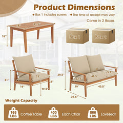 4 Piece Acacia Wood Patio Conversation Set, Loveseat Rated 800 lb, 2 Chairs Rated 400 lb with 5.3 in Beige Cushions and a Slatted Table