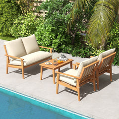 4 Piece Acacia Wood Patio Conversation Set, Loveseat Rated 800 lb, 2 Chairs Rated 400 lb with 5.3 in Beige Cushions and a Slatted Table