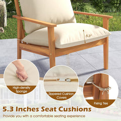 4 Piece Acacia Wood Patio Conversation Set, Loveseat Rated 800 lb, 2 Chairs Rated 400 lb with 5.3 in Beige Cushions and a Slatted Table