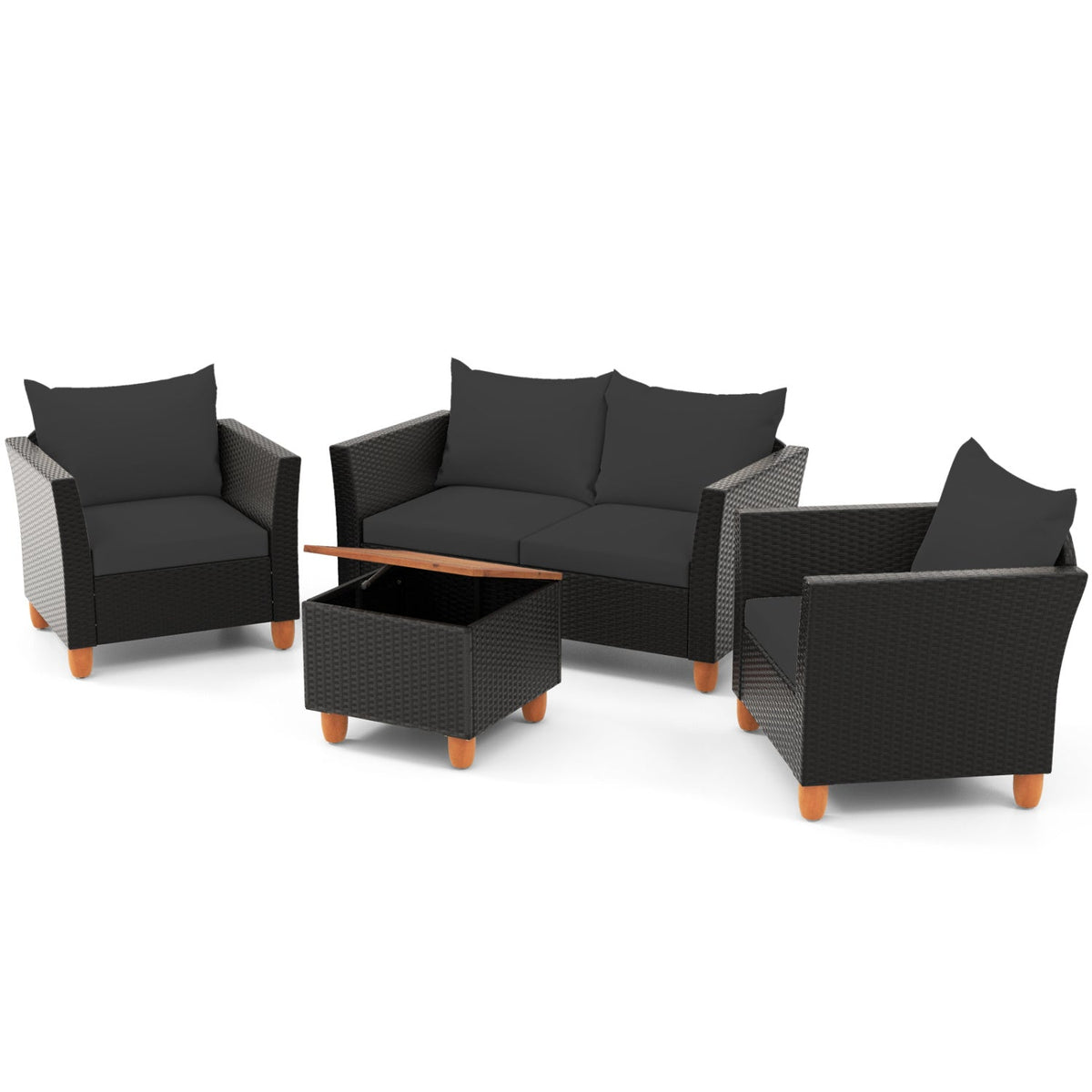 4 Piece Outdoor Conversation Set with 13.5 Gal Acacia Lidded Storage Coffee Table, 50 in Loveseat and 2 Armchairs, Black Cushions