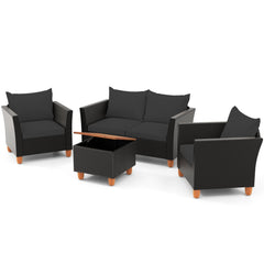4 Piece Outdoor Conversation Set with 13.5 Gal Acacia Lidded Storage Coffee Table, 50 in Loveseat and 2 Armchairs, Black Cushions
