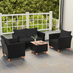 4 Piece Outdoor Conversation Set with 13.5 Gal Acacia Lidded Storage Coffee Table, 50 in Loveseat and 2 Armchairs, Black Cushions