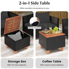 4 Piece Outdoor Conversation Set with 13.5 Gal Acacia Lidded Storage Coffee Table, 50 in Loveseat and 2 Armchairs, Black Cushions