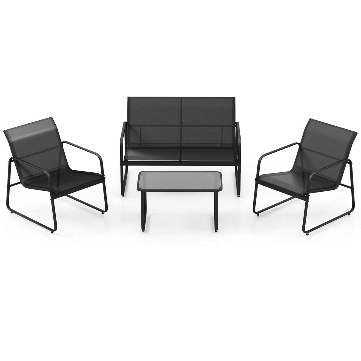 4 Piece Patio Sling Conversation Set, Loveseat Rated 665 lb, 2 Chairs Rated 330 lb and a 29.5 in Glass Top Coffee Table, Black