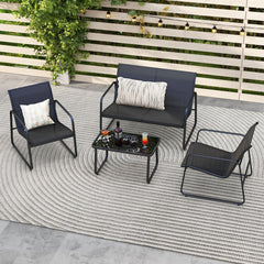 4 Piece Patio Sling Conversation Set, Loveseat Rated 665 lb, 2 Chairs Rated 330 lb and a 29.5 in Glass Top Coffee Table, Black