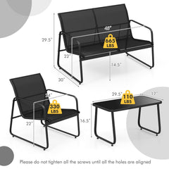 4 Piece Patio Sling Conversation Set, Loveseat Rated 665 lb, 2 Chairs Rated 330 lb and a 29.5 in Glass Top Coffee Table, Black