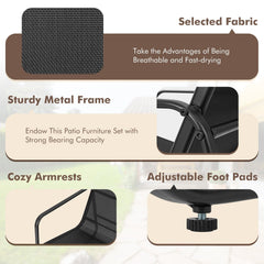 4 Piece Patio Sling Conversation Set, Loveseat Rated 665 lb, 2 Chairs Rated 330 lb and a 29.5 in Glass Top Coffee Table, Black