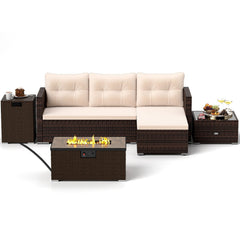 Patio Rattan Sectional Set with 32 in 40,000 BTU Propane Fire Pit Table, Propane Tank Cover Table and Beige Cushions