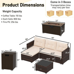 Patio Rattan Sectional Set with 32 in 40,000 BTU Propane Fire Pit Table, Propane Tank Cover Table and Beige Cushions