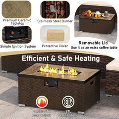 Patio Rattan Sectional Set with 32 in 40,000 BTU Propane Fire Pit Table, Propane Tank Cover Table and Beige Cushions