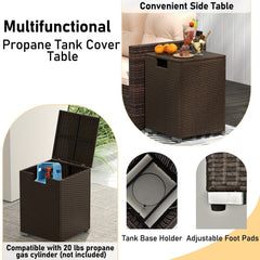 Patio Rattan Sectional Set with 32 in 40,000 BTU Propane Fire Pit Table, Propane Tank Cover Table and Beige Cushions
