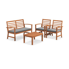 4 Piece Acacia Wood Patio Set, Slatted Loveseat Rated 800 lb, 2 Armchairs Rated 400 lb with Grey Cushions and a 29.5 in Table