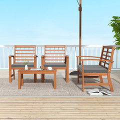 4 Piece Acacia Wood Patio Set, Slatted Loveseat Rated 800 lb, 2 Armchairs Rated 400 lb with Grey Cushions and a 29.5 in Table