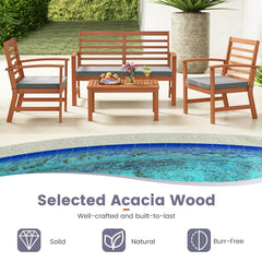 4 Piece Acacia Wood Patio Set, Slatted Loveseat Rated 800 lb, 2 Armchairs Rated 400 lb with Grey Cushions and a 29.5 in Table