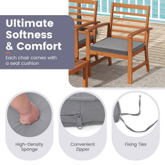 4 Piece Acacia Wood Patio Set, Slatted Loveseat Rated 800 lb, 2 Armchairs Rated 400 lb with Grey Cushions and a 29.5 in Table