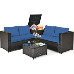 4 Piece Rattan Patio Set with Storage, Two Loveseats, Lift Top Corner Box and Glass Coffee Table, Navy Cushions