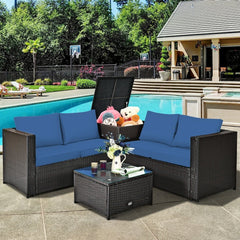 4 Piece Rattan Patio Set with Storage, Two Loveseats, Lift Top Corner Box and Glass Coffee Table, Navy Cushions