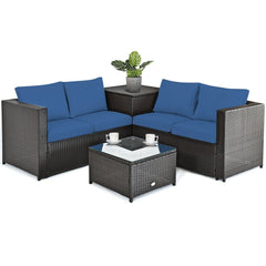 4 Piece Rattan Patio Set with Storage, Two Loveseats, Lift Top Corner Box and Glass Coffee Table, Navy Cushions