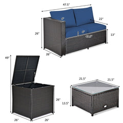 4 Piece Rattan Patio Set with Storage, Two Loveseats, Lift Top Corner Box and Glass Coffee Table, Navy Cushions