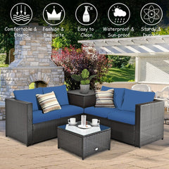 4 Piece Rattan Patio Set with Storage, Two Loveseats, Lift Top Corner Box and Glass Coffee Table, Navy Cushions