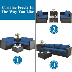 4 Piece Rattan Patio Set with Storage, Two Loveseats, Lift Top Corner Box and Glass Coffee Table, Navy Cushions